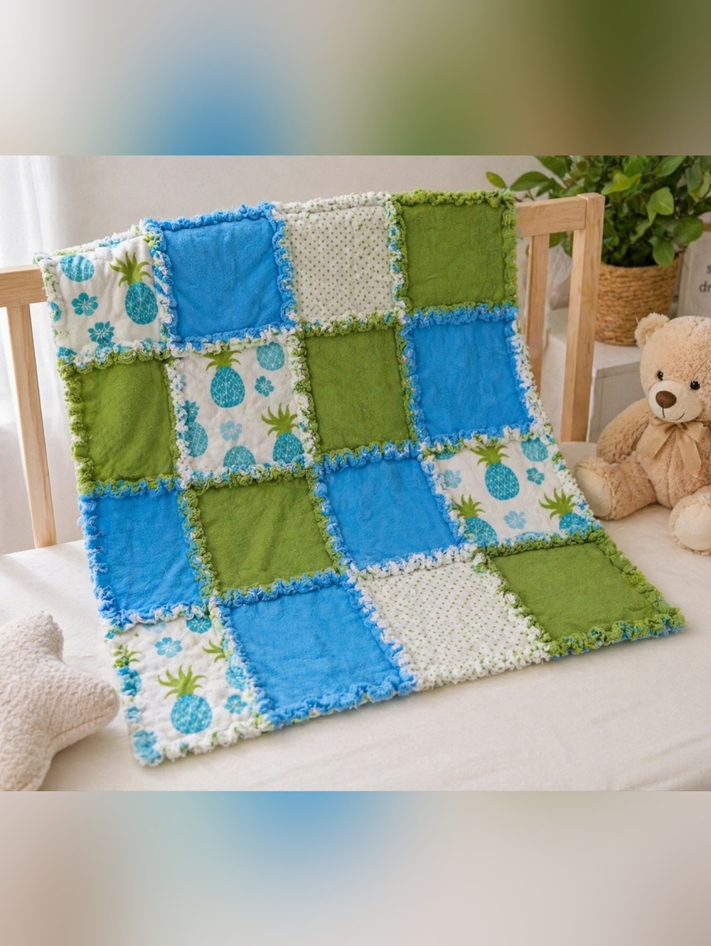 Handmade Baby Rag Quilt Blanket Blue Green Pineapple Patchwork Soft Cozy Infant